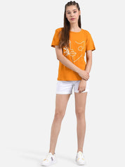 Kotty Women Orange & White Printed Round Neck T-shirt