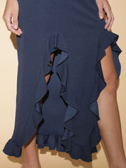 Kotty Navy Blue One Shoulder Top With Skirt  