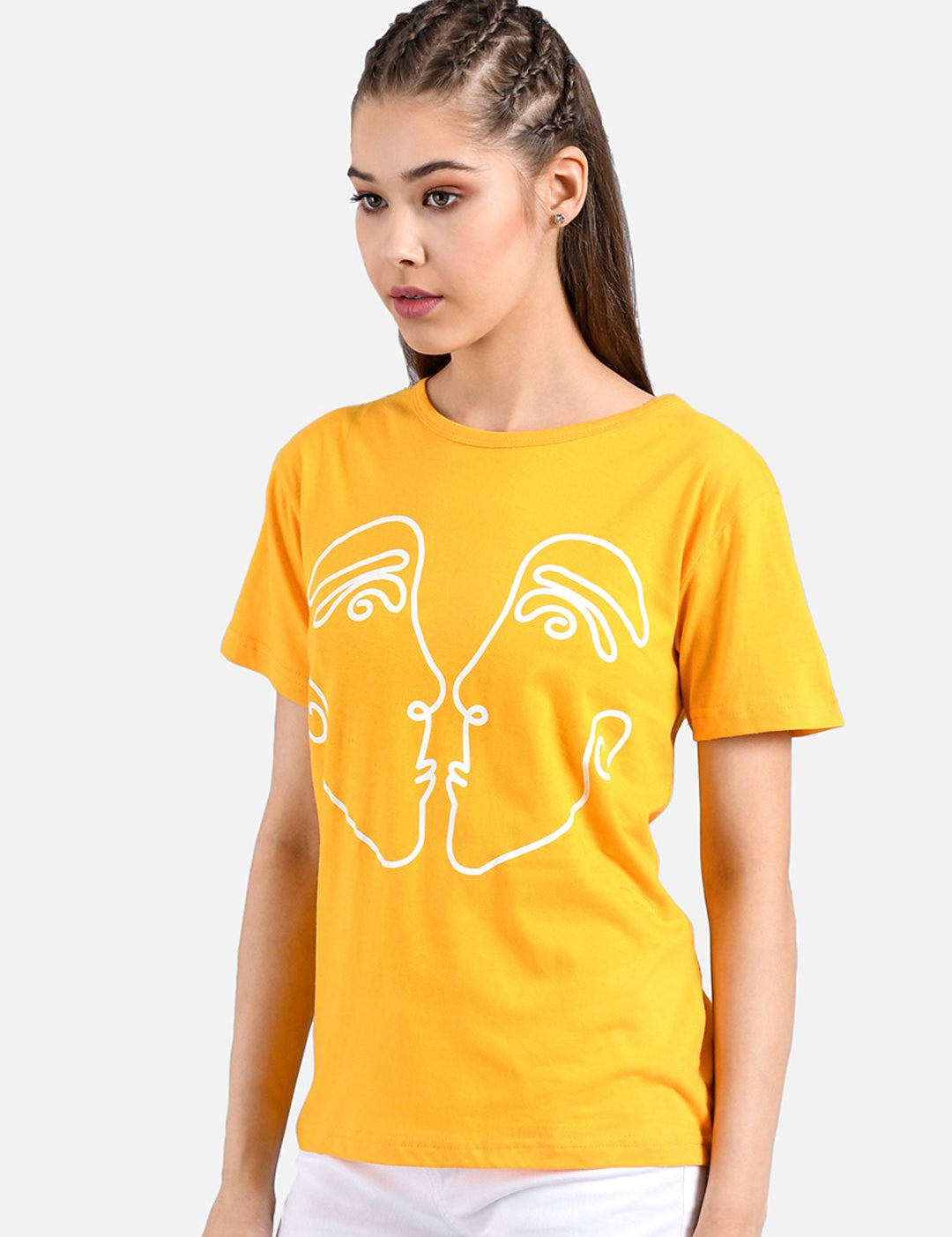 Kotty Women Yellow &White Printed Round Neck T-shirt