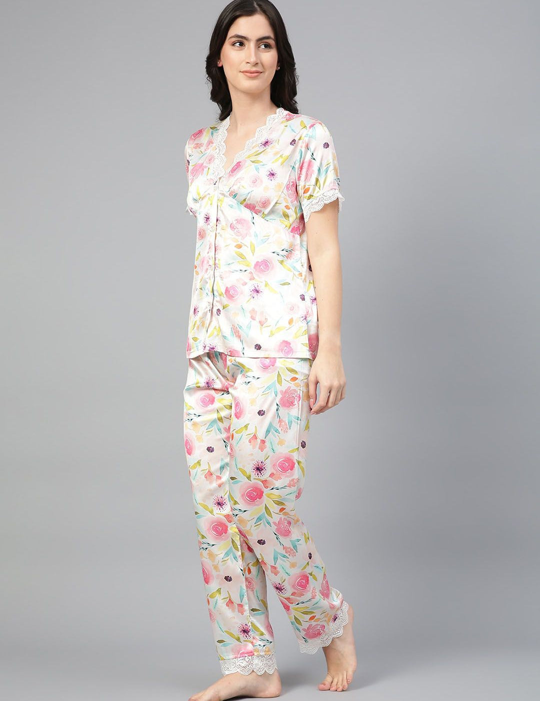 Kotty Floral Printed Satin Night Suit