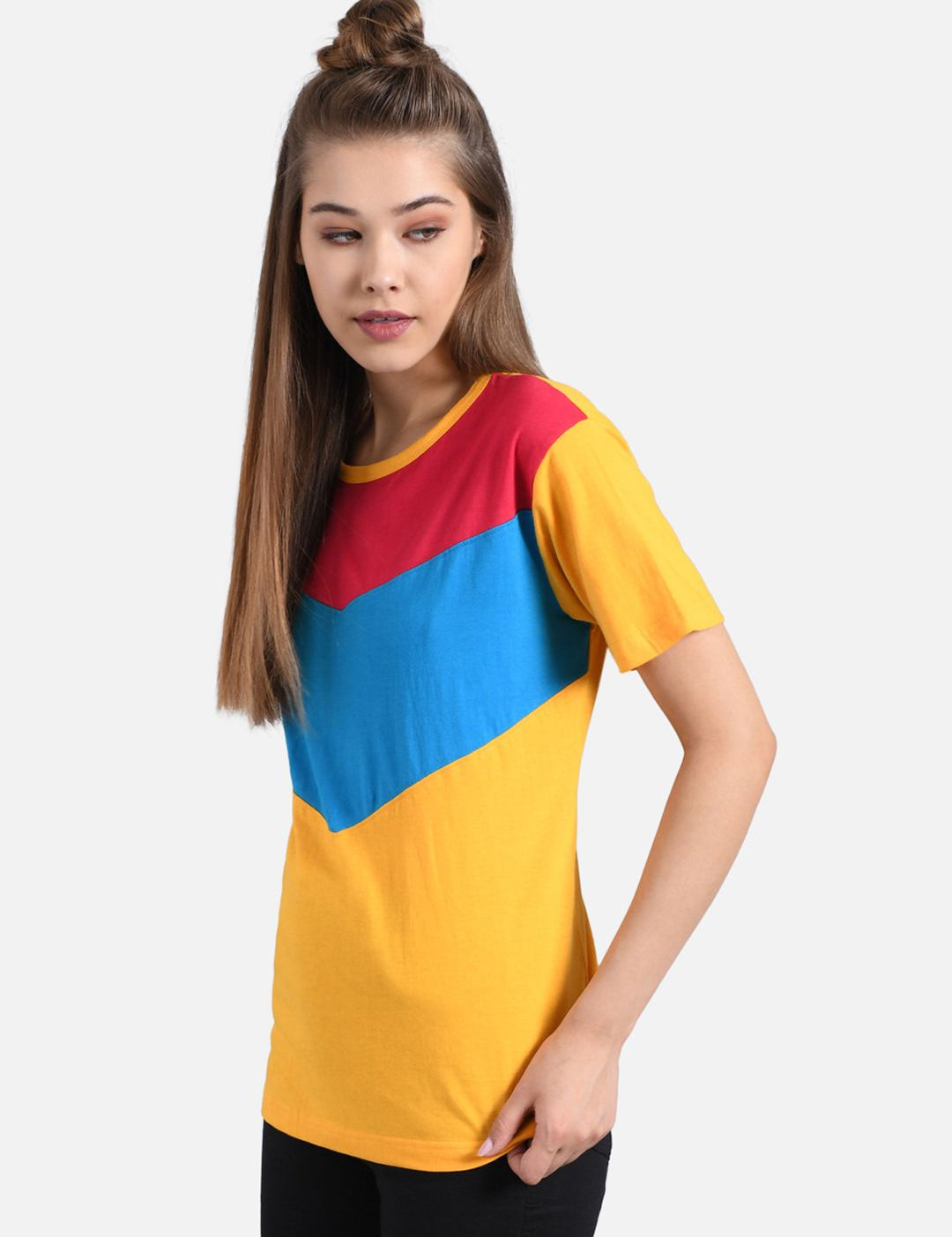 Kotty Women Yellow & Blue Colourblocked Round Neck T-shirt