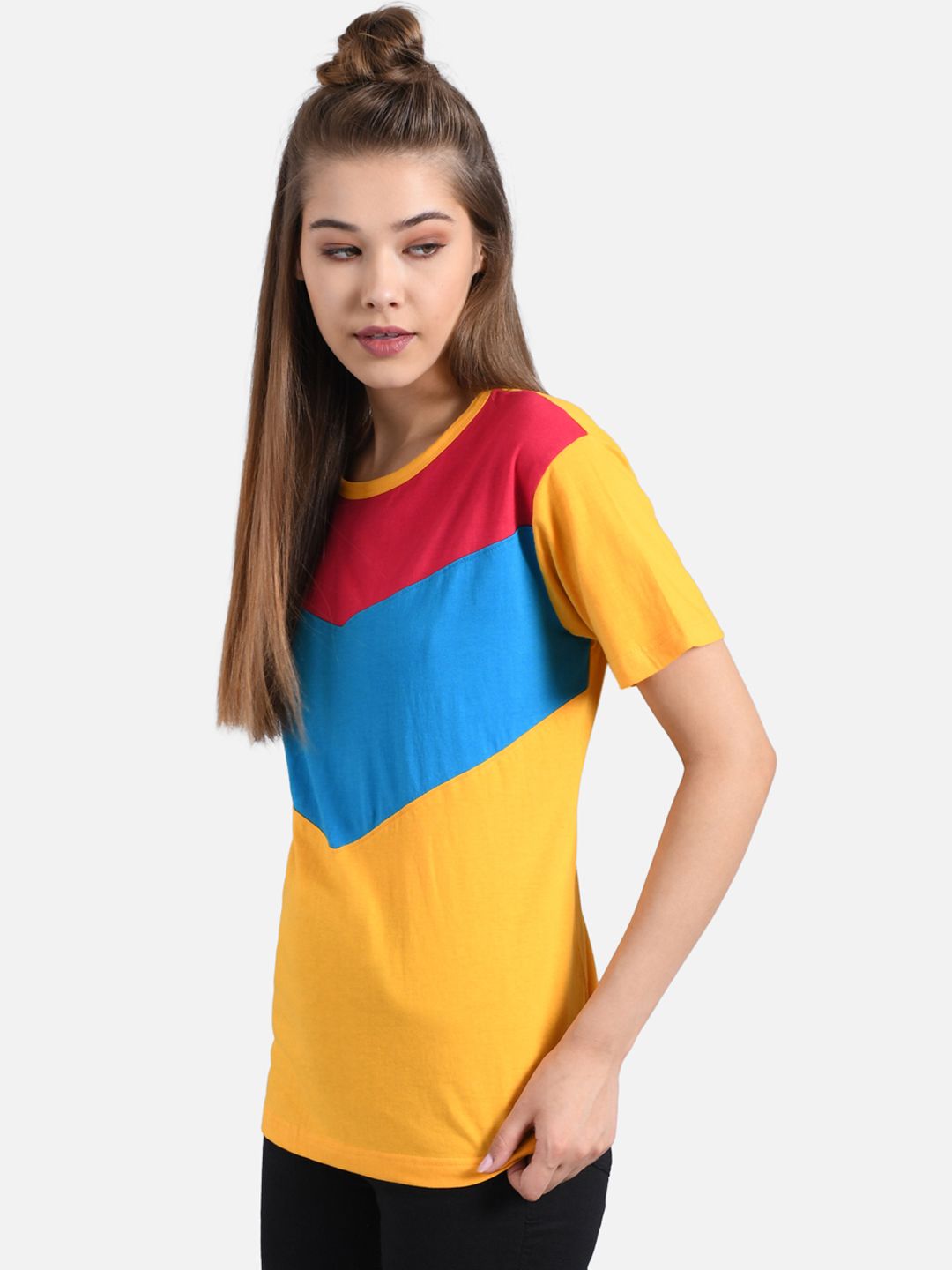 Kotty Women Yellow & Blue Colourblocked Round Neck T-shirt