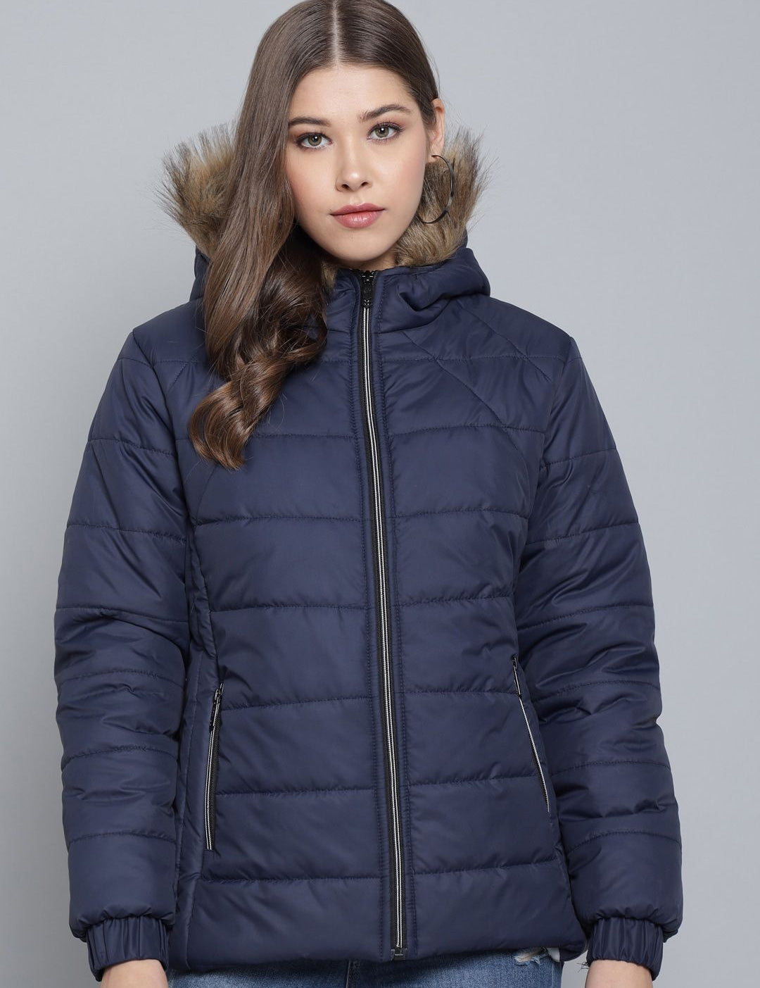 Kotty Women Navy Blue Floral Insulator Outdoor Puffer Jacket