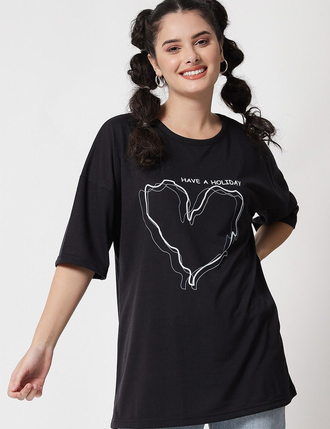 Kotty Women Black Typography Printed Extended Sleeves Oversized T-shirt