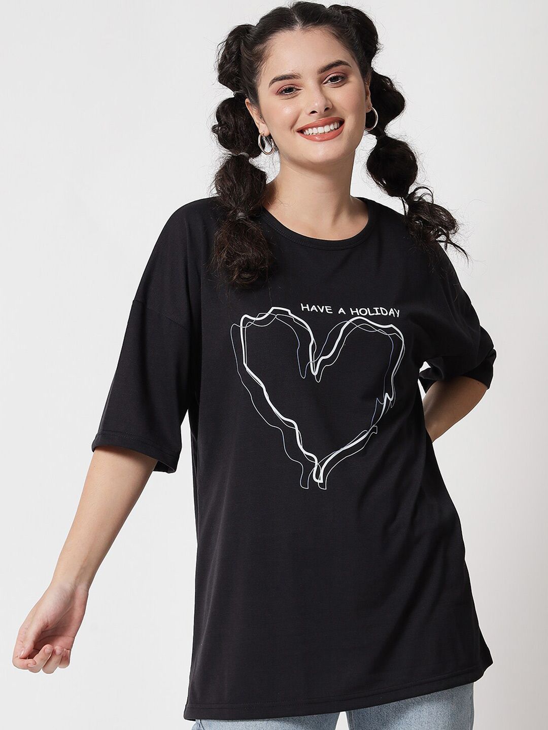 Kotty Women Black Typography Printed Extended Sleeves Oversized T-shirt