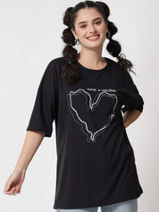 Kotty Women Black Typography Printed Extended Sleeves Oversized T-shirt