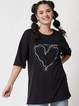 Kotty Women Black Typography Printed Extended Sleeves Oversized T-shirt