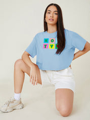 Kotty Blue Typography Printed Drop-Shoulder Sleeves Cotton Oversized Crop T-shirt