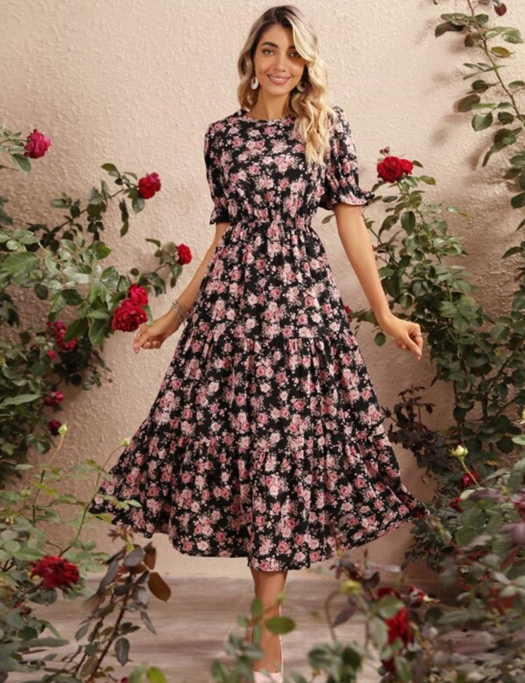 Kotty Black & Pink Floral Printed Puffed Sleeves Tiered Fit & Flare Midi Dress