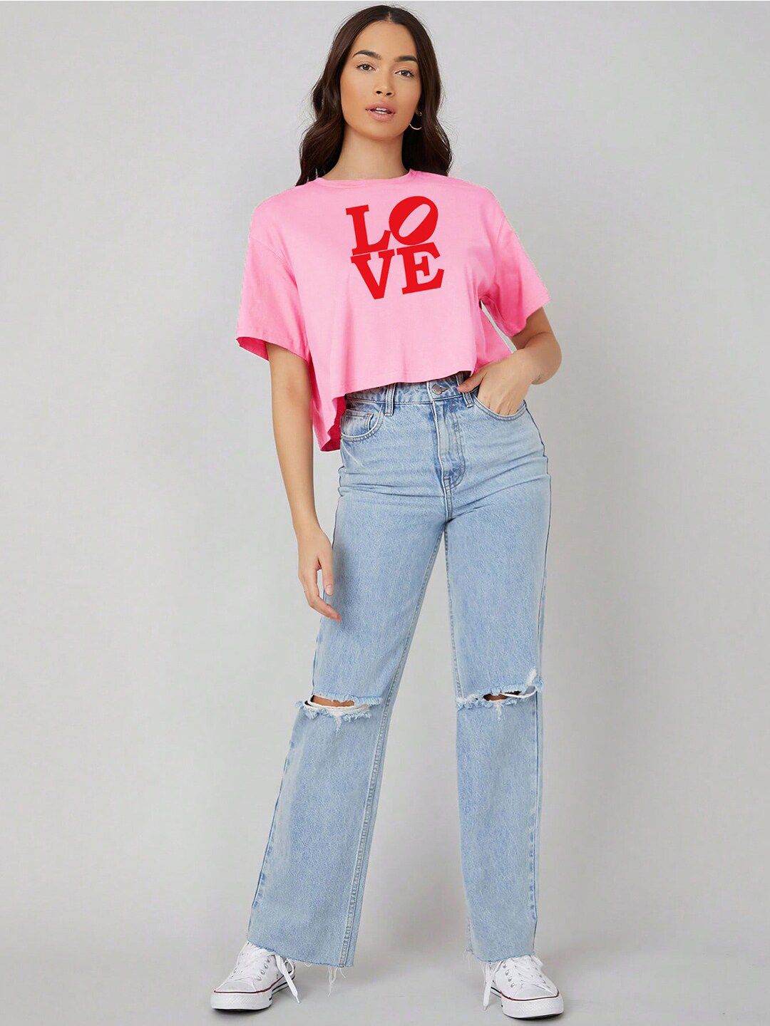 Kotty Pink Typography Printed Drop-Shoulder Sleeves Cotton Oversized Crop T-shirt