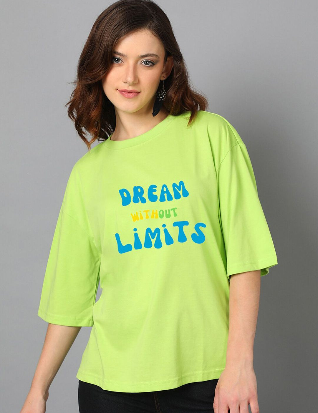 Kotty Green Typography Printed Drop-Shoulder Sleeves Oversized T-shirt