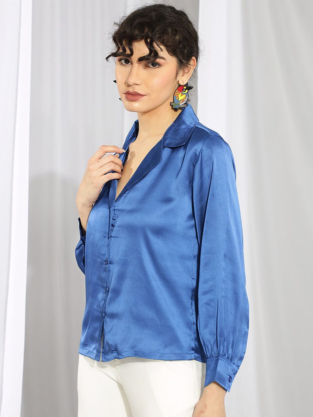Kotty Blue Cuffed Sleeves Satin Shirt Style Top