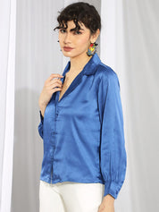 Kotty Blue Cuffed Sleeves Satin Shirt Style Top