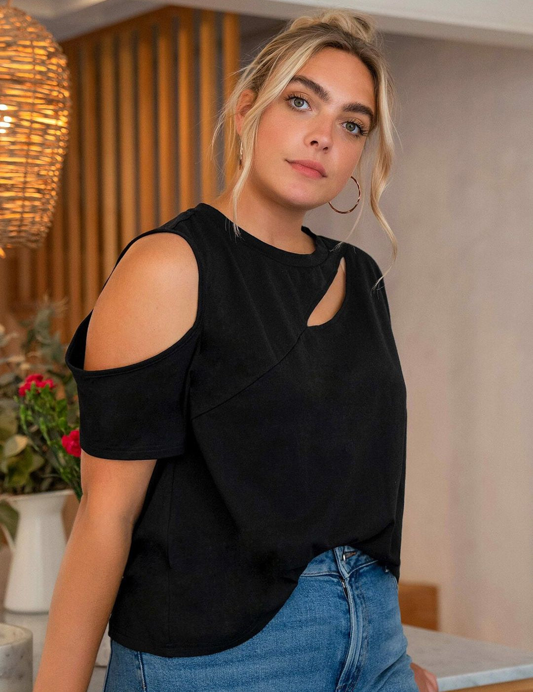 KOTTY Solid Round Neck Cold-Shoulder Top