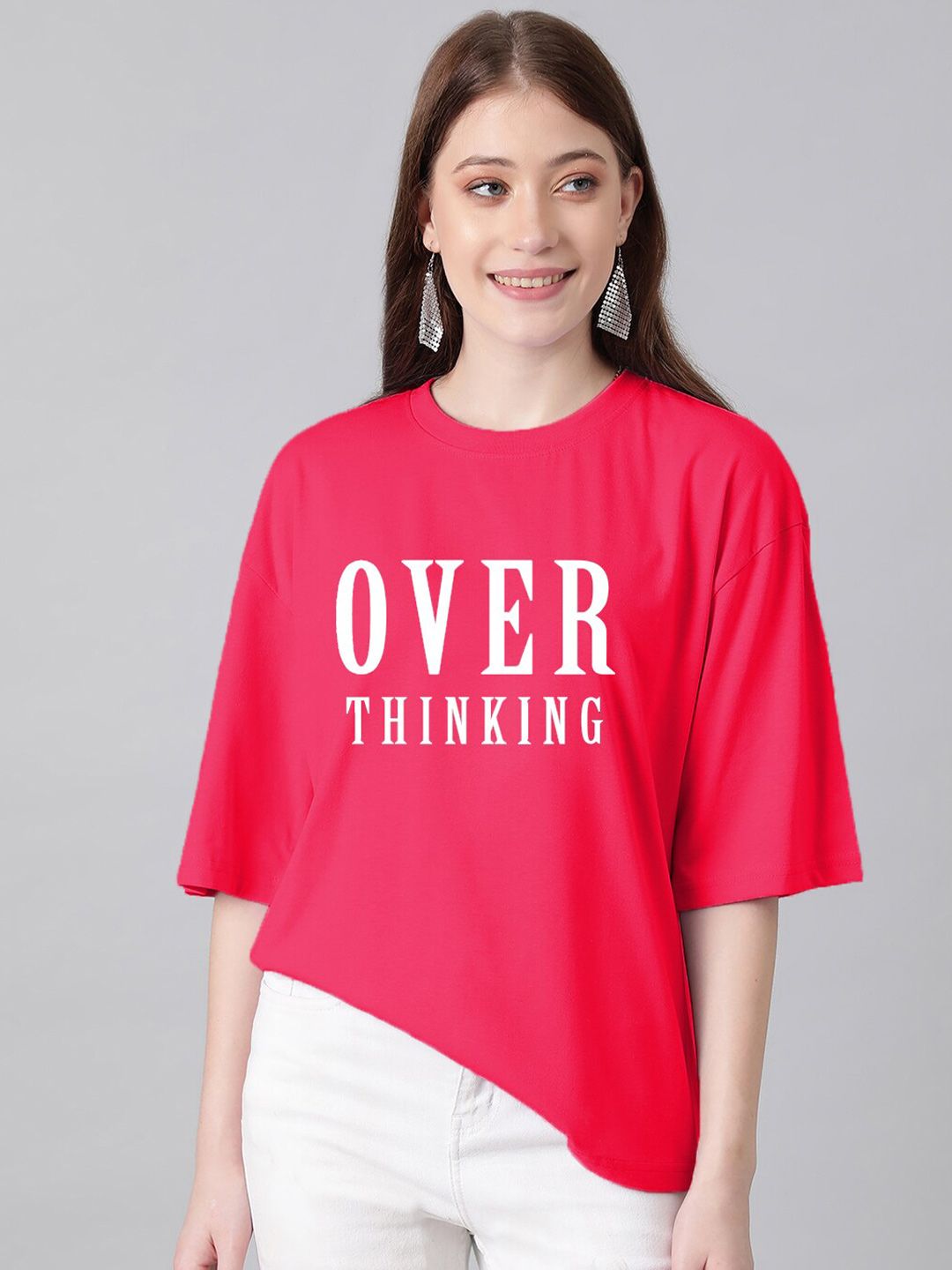 Kotty Typography Printed Drop-Shoulder Sleeves Oversized T-shirt