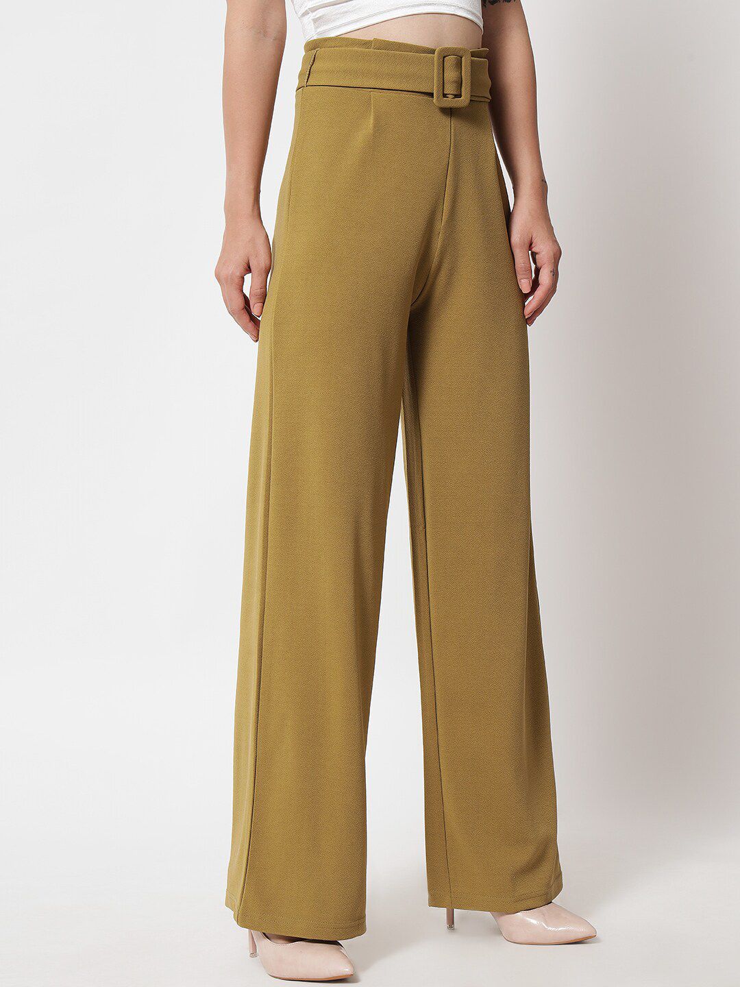 KOTTY BIZwear Women Brown Relaxed Straight Fit High-Rise Easy Wash Pleated Trousers