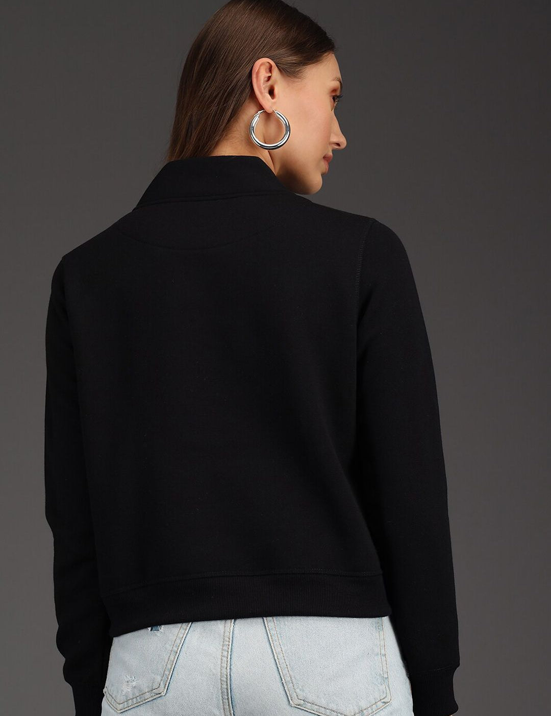 Kotty Women Black & White Solid Fleece Sweatshirt