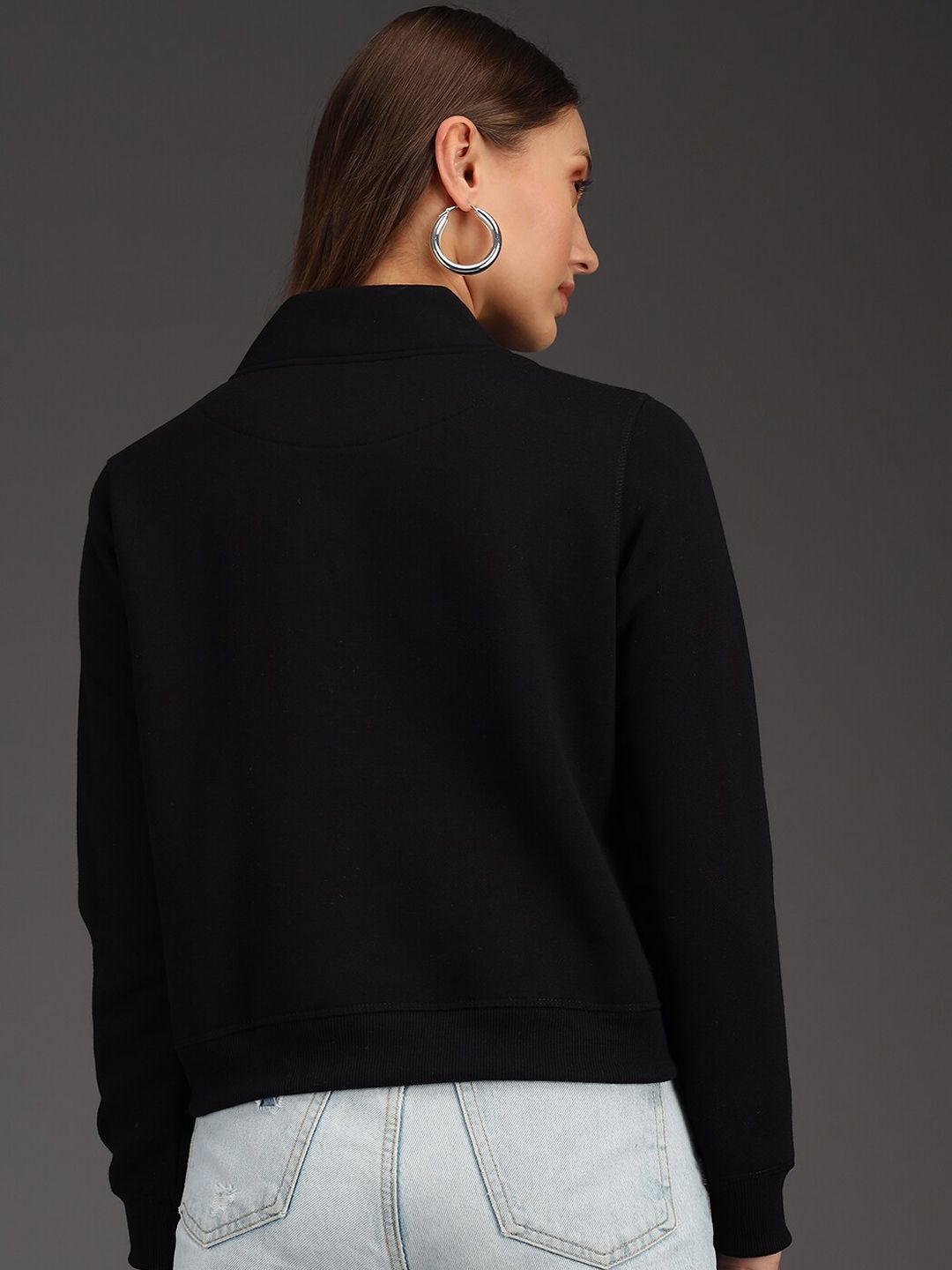 Kotty Women Black & White Solid Fleece Sweatshirt