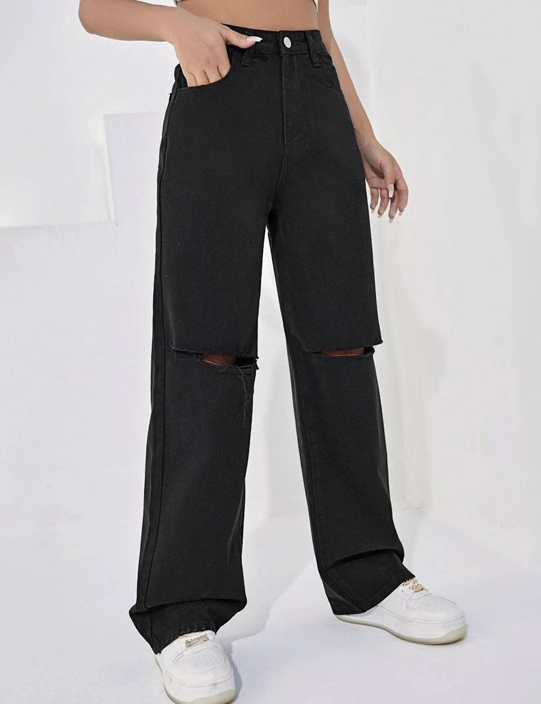 Kotty Women Straight Fit High-Rise Slash Knee Stretchable Jeans