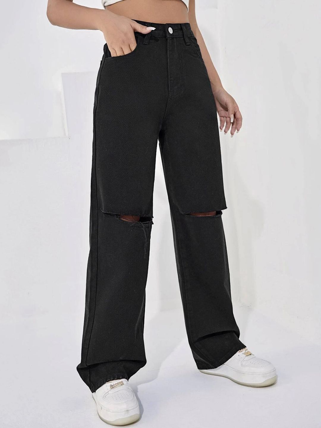 Kotty Women Straight Fit High-Rise Slash Knee Stretchable Jeans