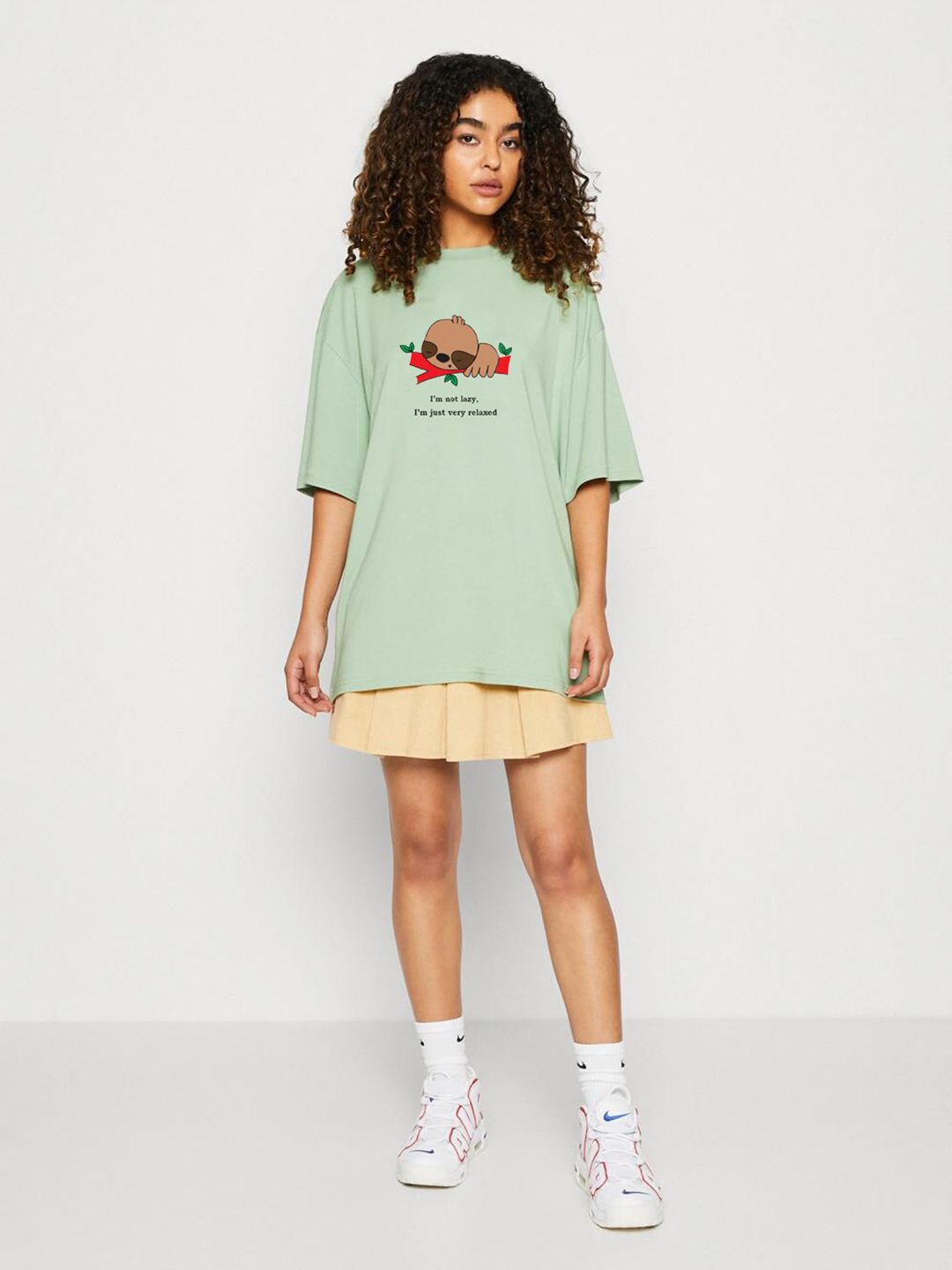 Kotty Green Printed Round Neck Drop-Shoulder Sleeves Oversized T-shirt
