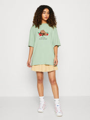 Kotty Green Printed Round Neck Drop-Shoulder Sleeves Oversized T-shirt