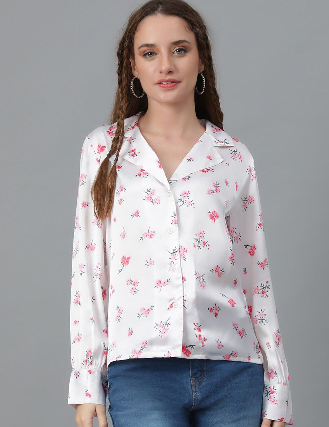 Kotty White & Pink Relaxed Floral Printed Cuban Collar Satin Casual Shirt