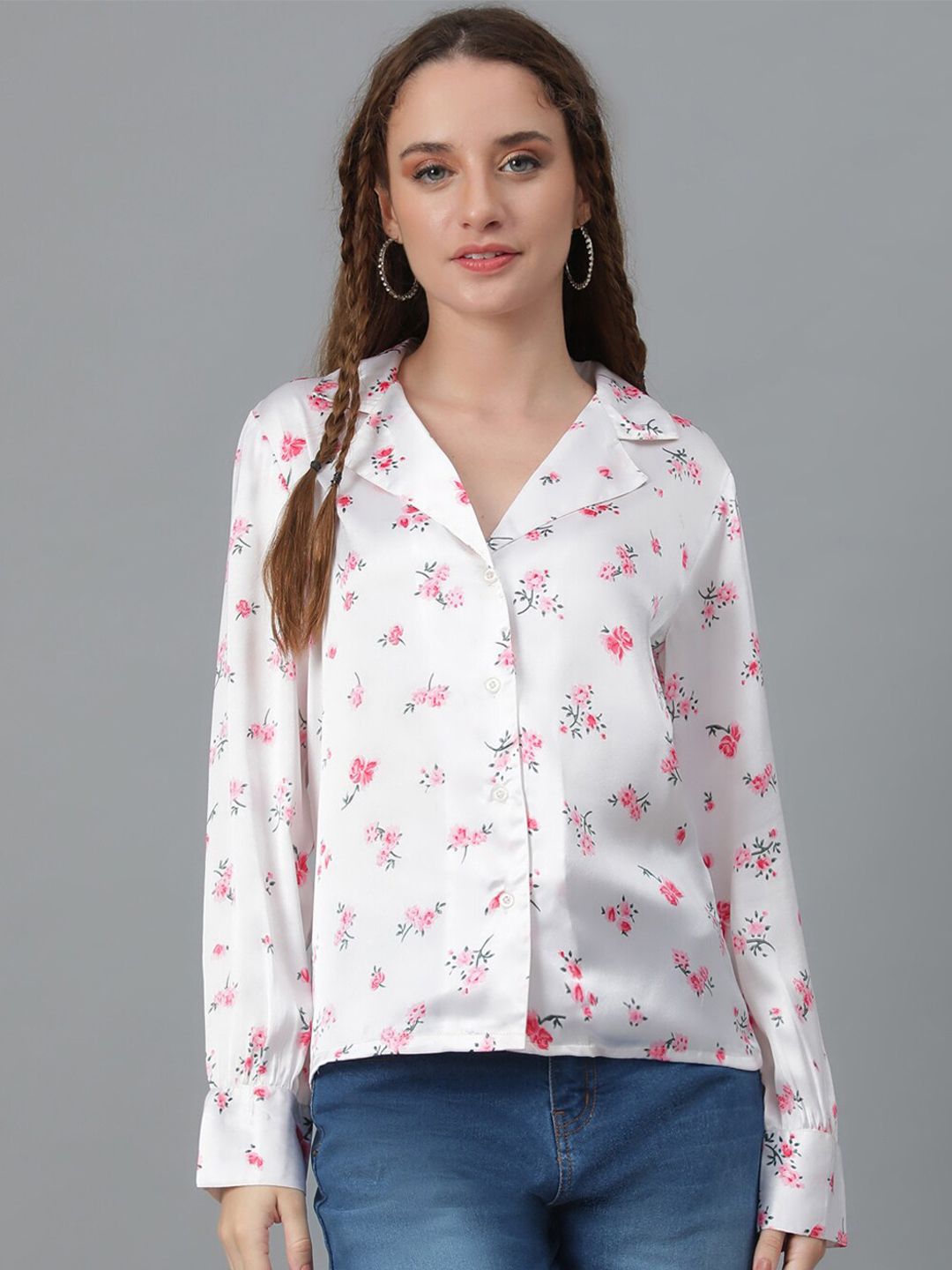 Kotty White & Pink Relaxed Floral Printed Cuban Collar Satin Casual Shirt