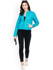 Kotty Women Blue Self Design Quilted Jacket
