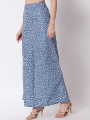 Kotty Women Blue and White Floral Printed Relaxed Flared High-Rise Trousers
