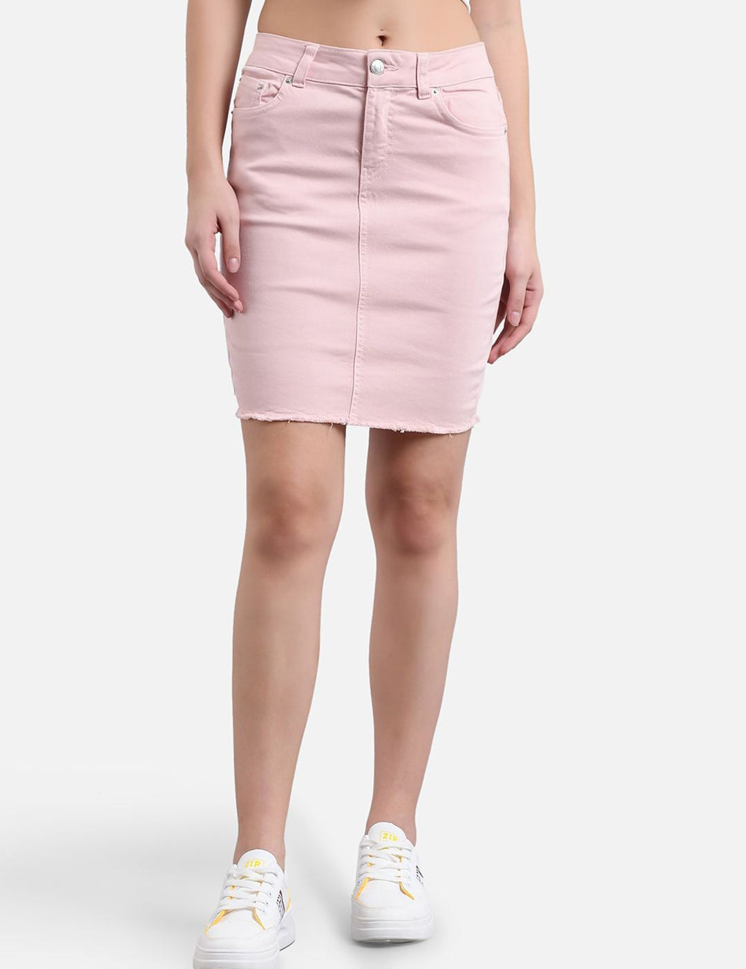 Kotty Women Pink Solid Denim Pencil Mini Skirt