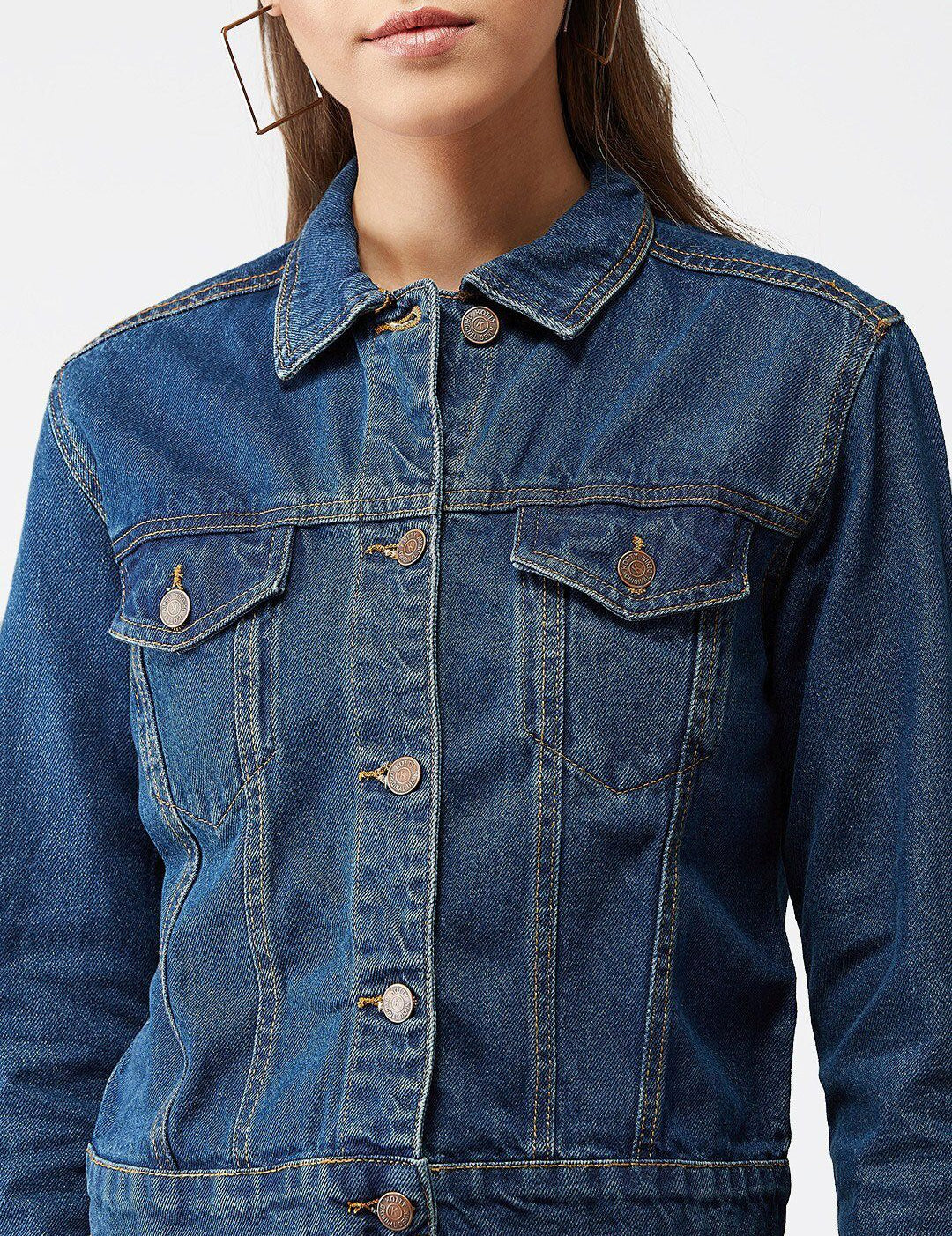Kotty Women Navy Blue Solid Denim Crop Jacket