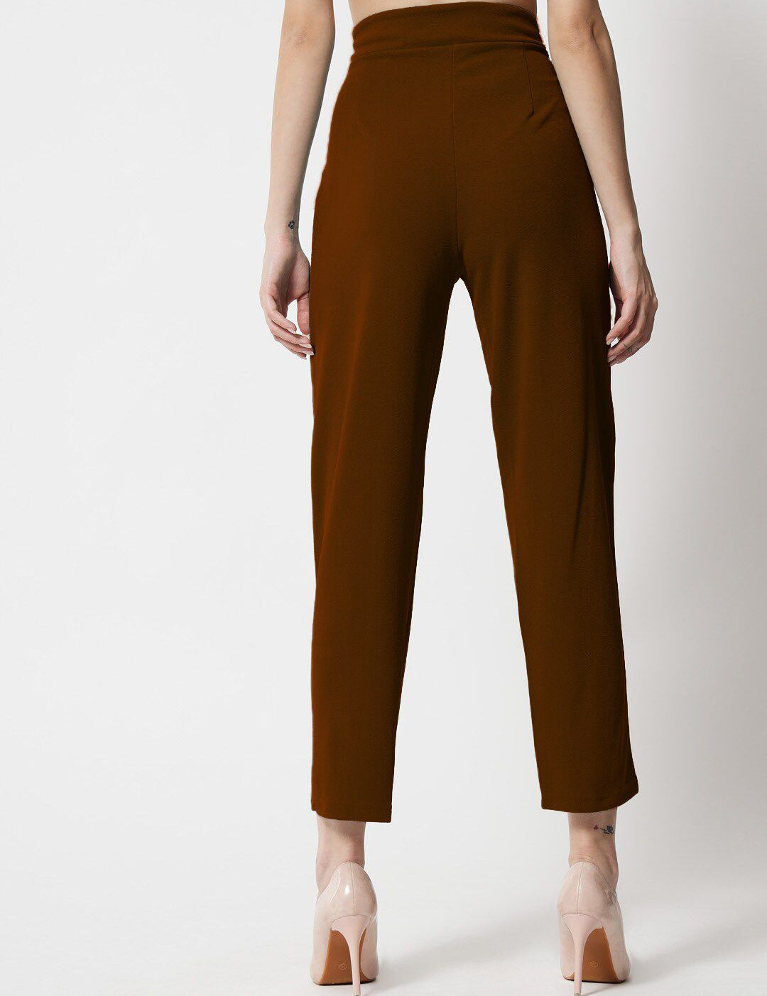 Kotty Women Brown Comfort Straight Fit High-Rise Easy Wash Trousers