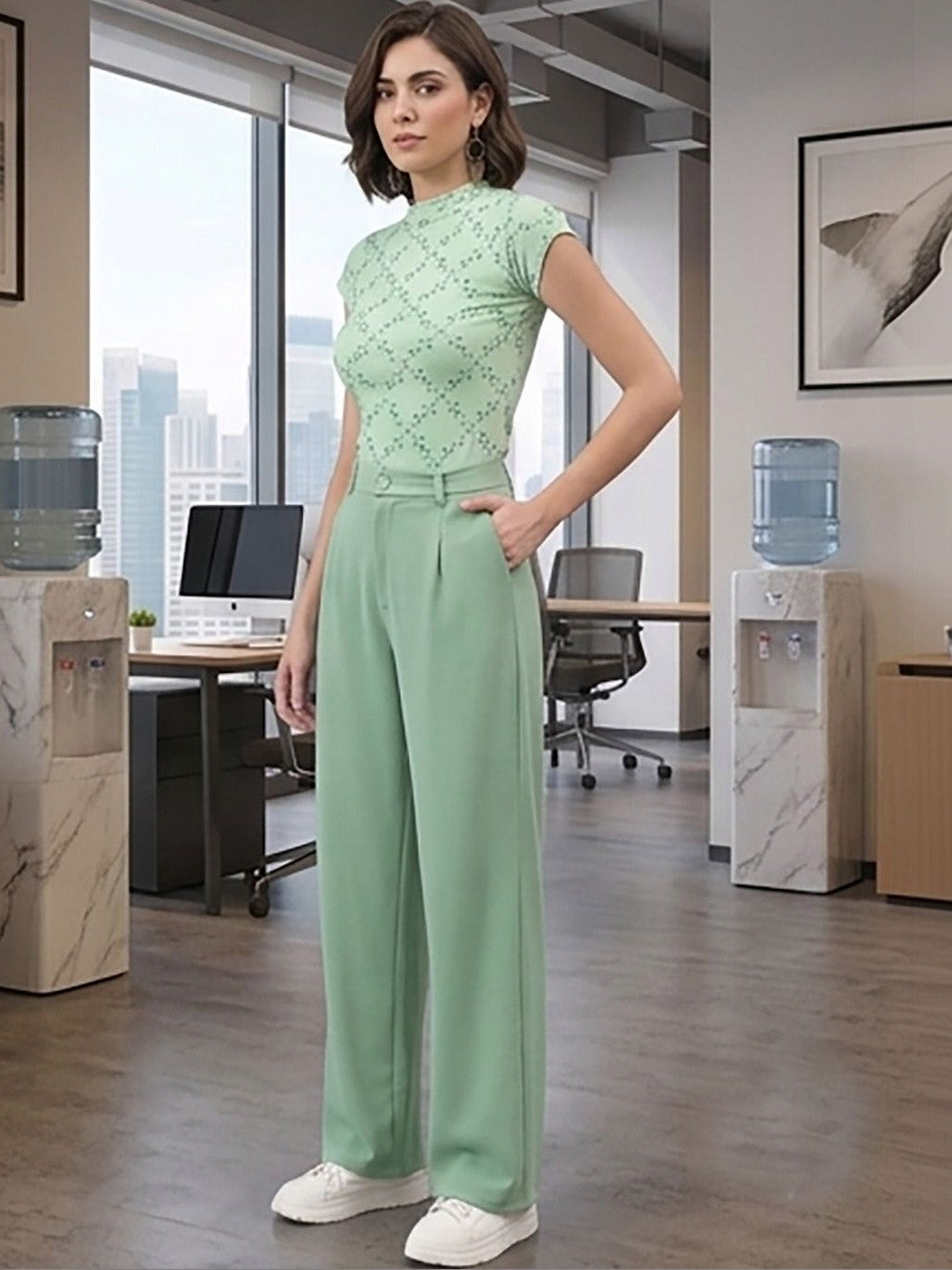 Green Relaxed Fit High-Rise Trousers for Women | Kotty