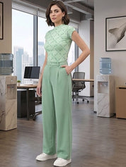 Green Relaxed Fit High-Rise Trousers for Women | Kotty