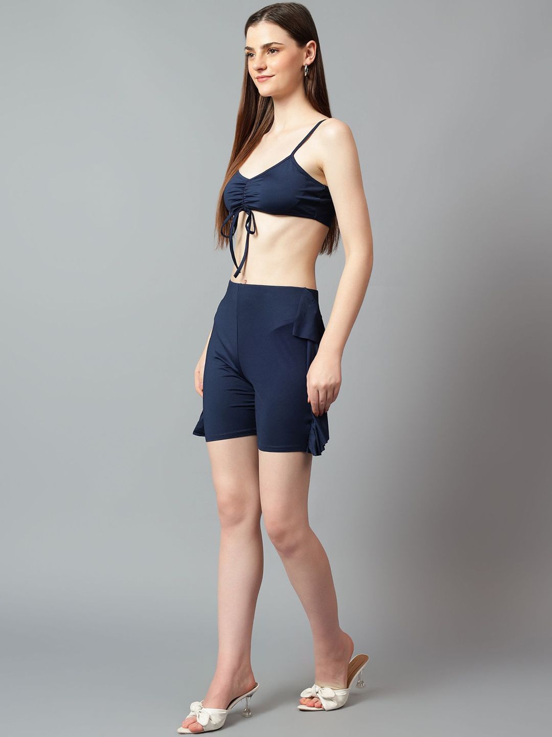 Kotty Navy Blue V-Neck Sleeveless Top With Short