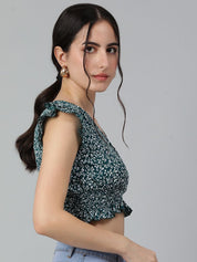 Kotty Floral Print Flutter Sleeve Crepe Crop Top