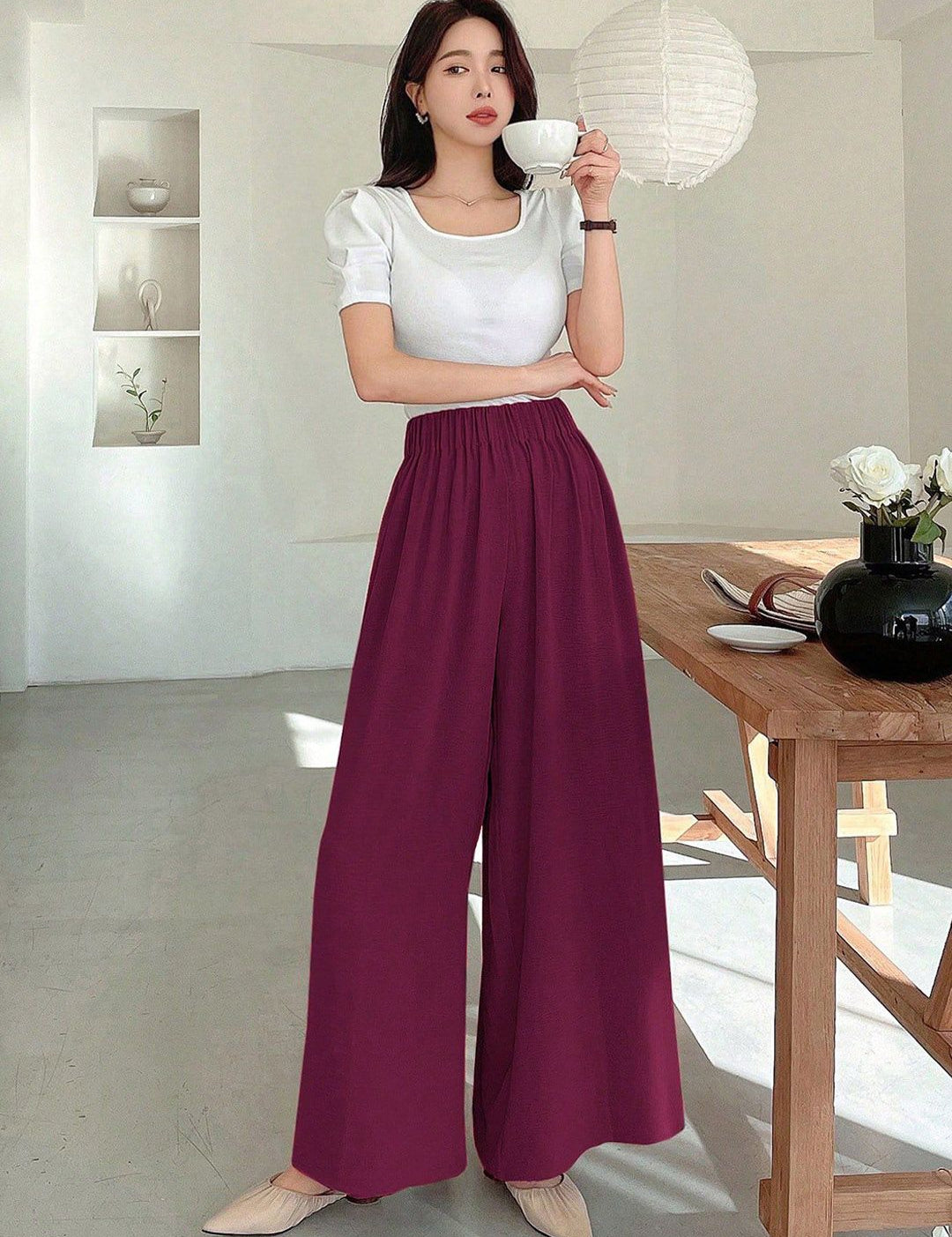 Kotty Women Relaxed Straight Leg Wide Leg High-Rise Wrinkle Free Trousers