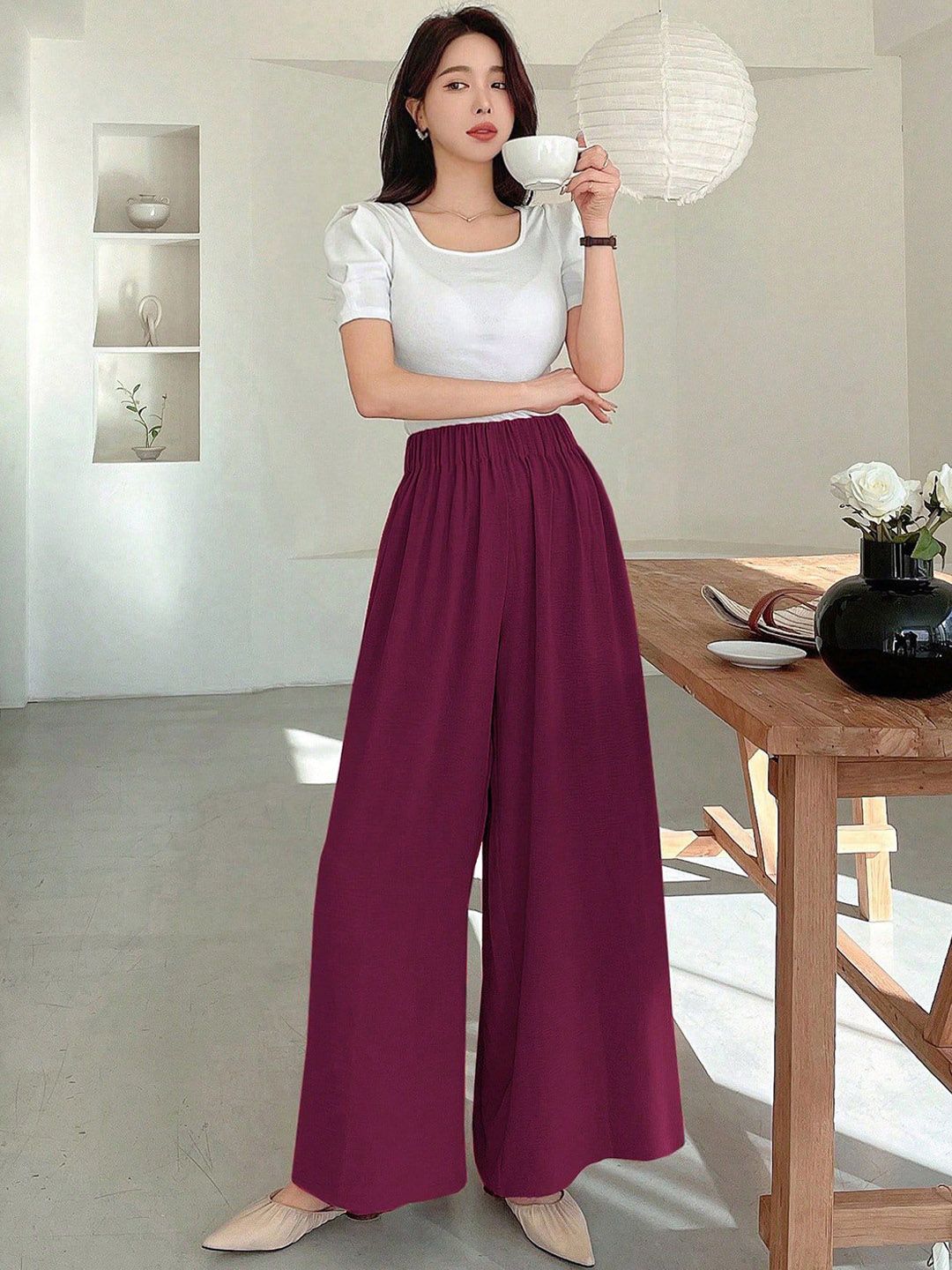 Kotty Women Relaxed Straight Leg Wide Leg High-Rise Wrinkle Free Trousers