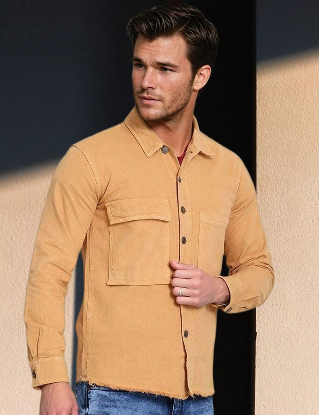 Kotty Men Spread Collar Solid Denim Jacket