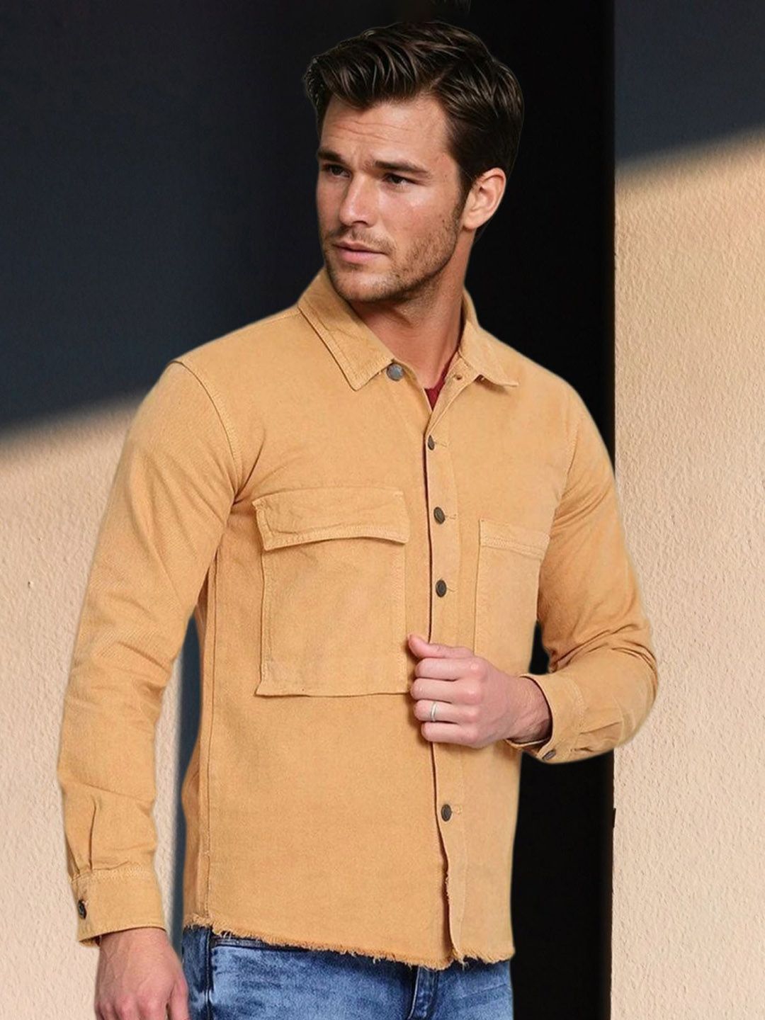 Kotty Men Spread Collar Solid Denim Jacket