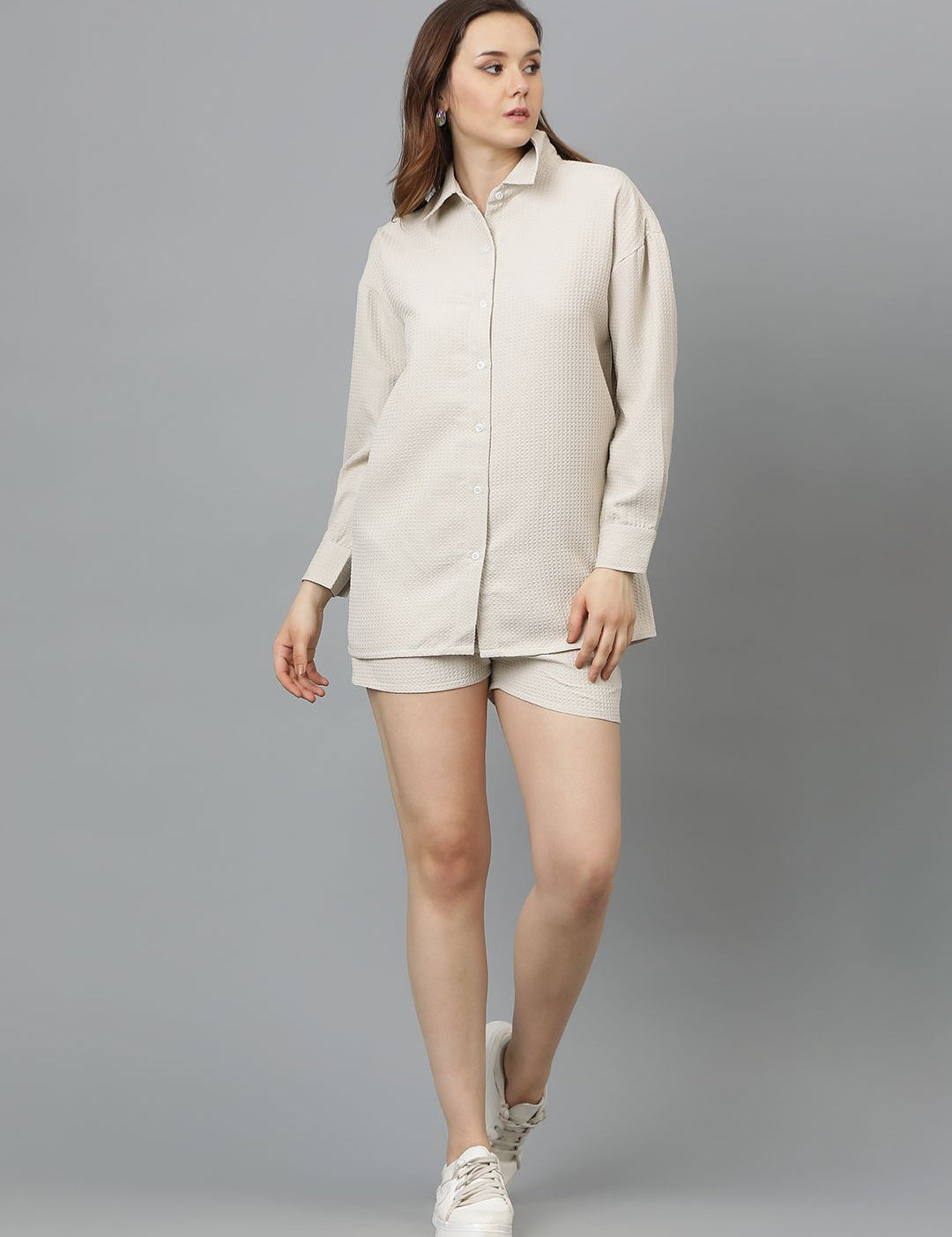 Kotty Beige Self-Design Shirt With Shorts 