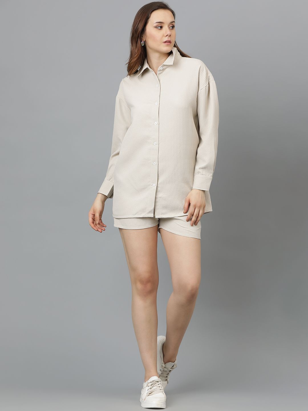 Kotty Beige Self-Design Shirt With Shorts 