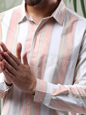 Kotty Men Spread Collar Vertical Striped Casual Shirt