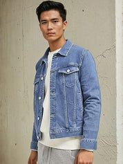 Kotty Men Spread Collar Washed Solid Denim Jacket