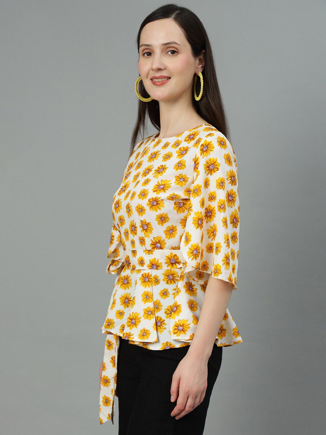 Kotty White & Yellow Floral Printed Flared Sleeves Peplum Top