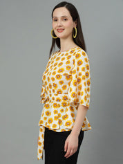 Kotty White & Yellow Floral Printed Flared Sleeves Peplum Top