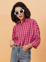 Kotty Checked Spread Corllar Drop-Shoulder Sleeves Longline Shirt