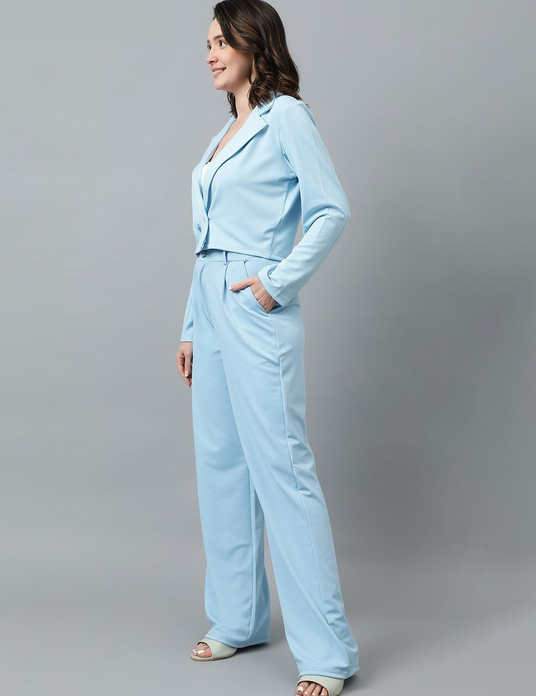 KOTTY BIZwear Blue Notched Lapel Collar Blazer & Mid Rise Trouser