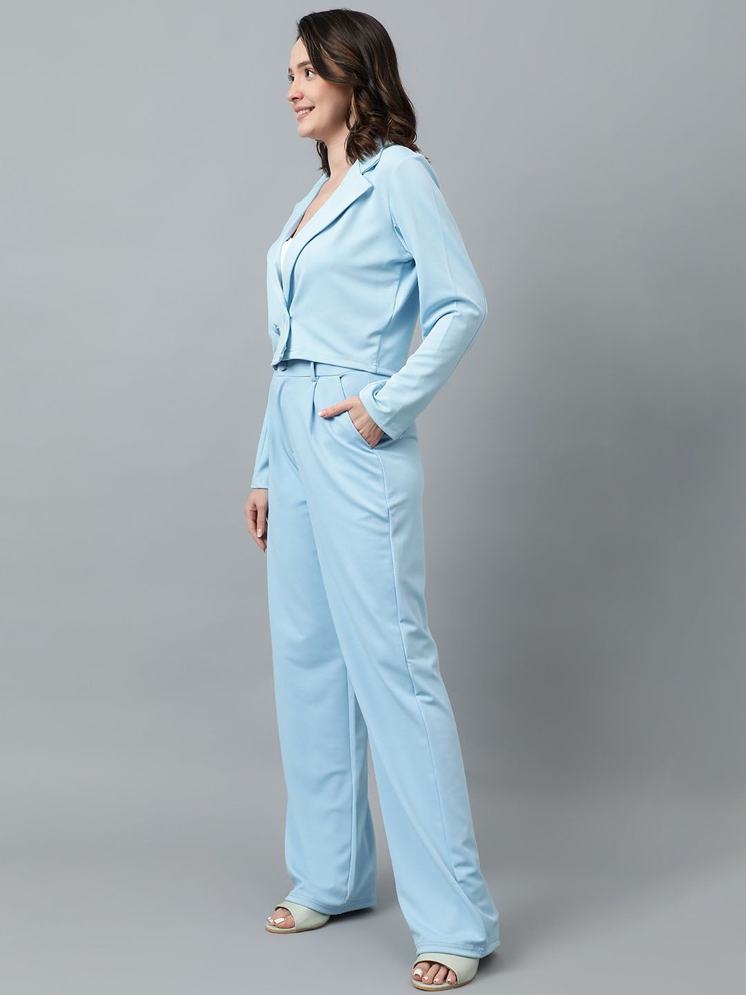 KOTTY BIZwear Blue Notched Lapel Collar Blazer & Mid Rise Trouser